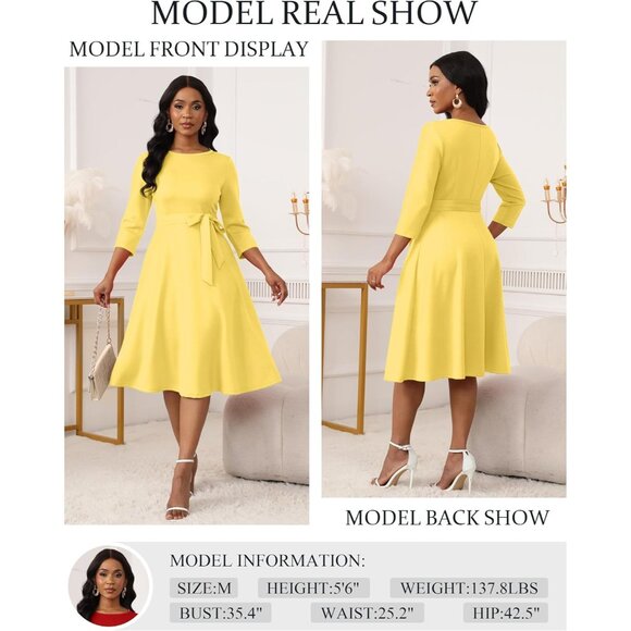 Women's Yellow 3/4 Sleeve Vintage Flattering A-line Vintage Cocktail Dresses - Picture 3 of 5